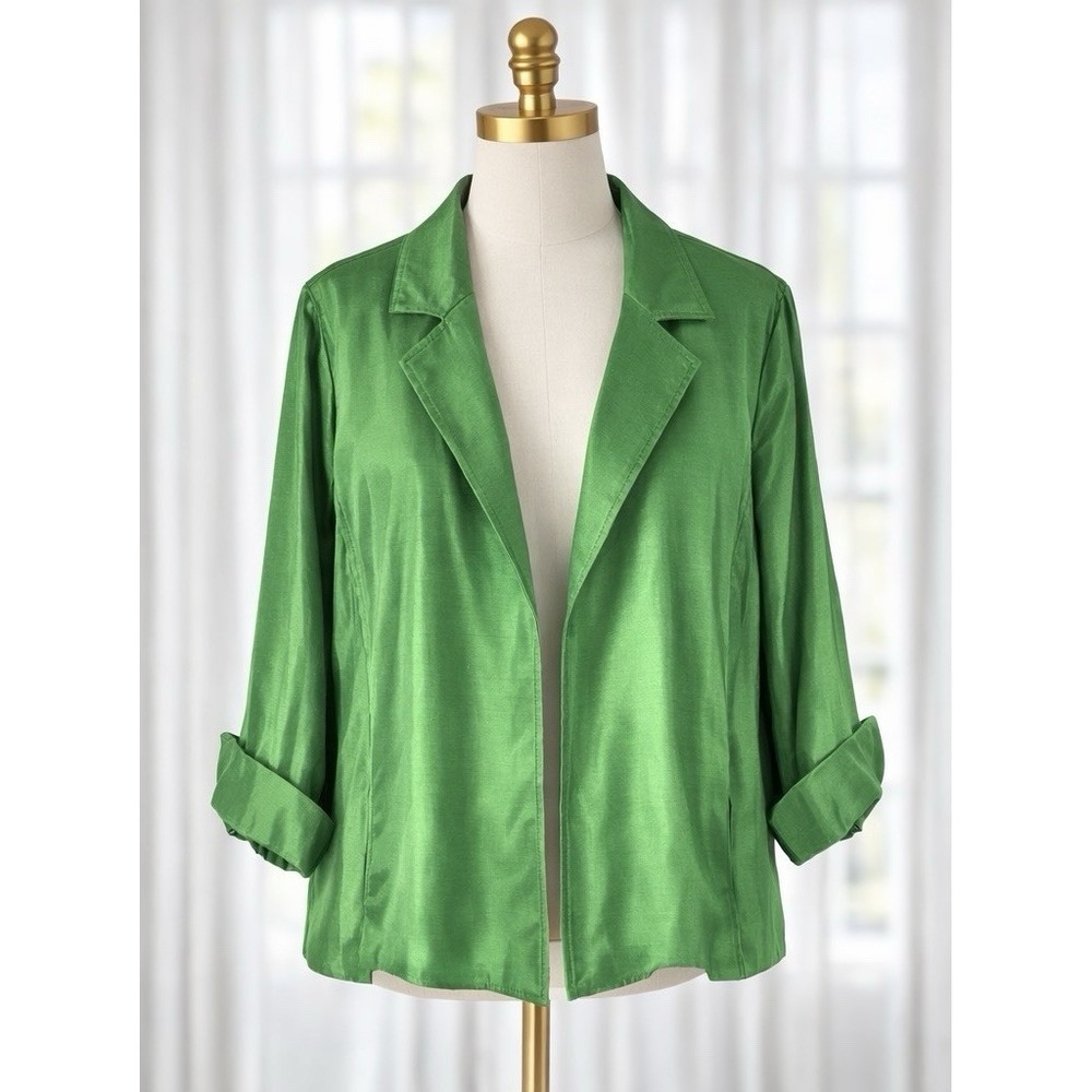 Susan Graver Satin Green Lightweight Blazer Jacket‎ 3/4 Sleeve Career Size 2x